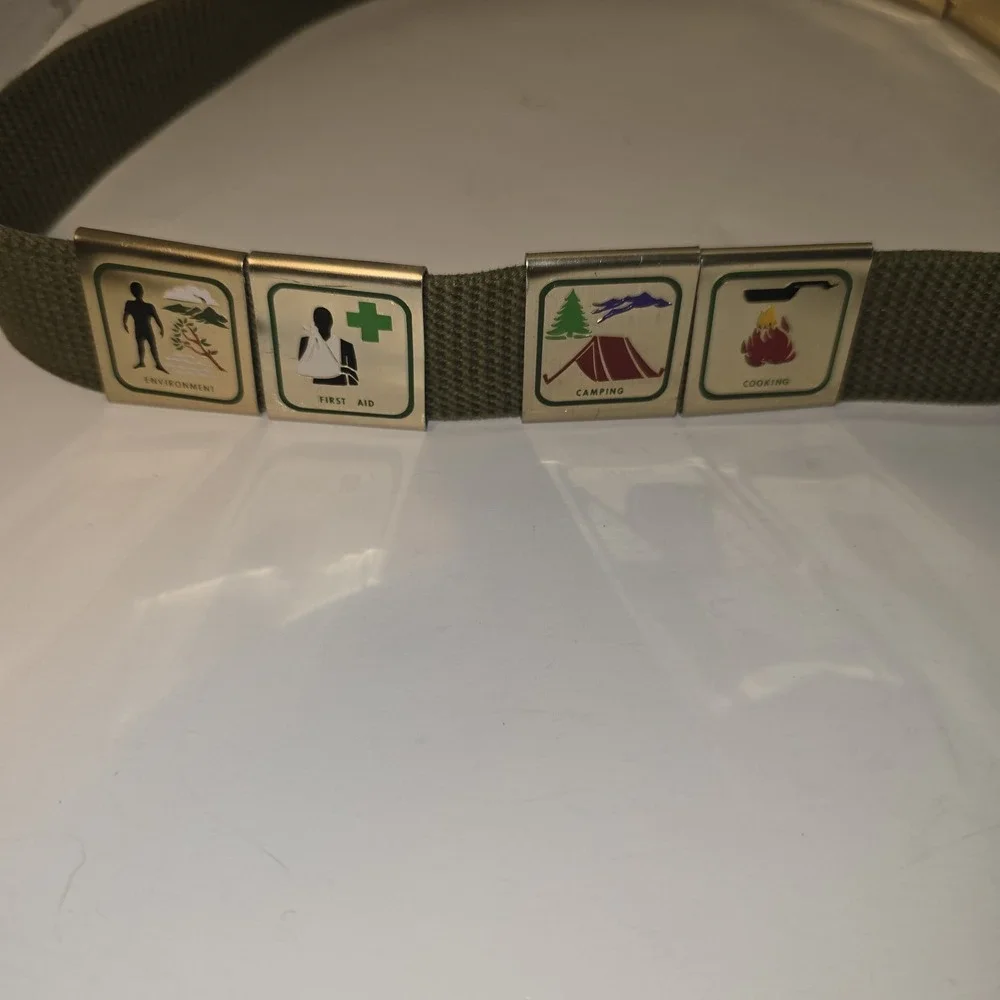 Vintage Boy Scouts Canvas Belt With Brass Buckle Seven Awards Hiking Camping BSA